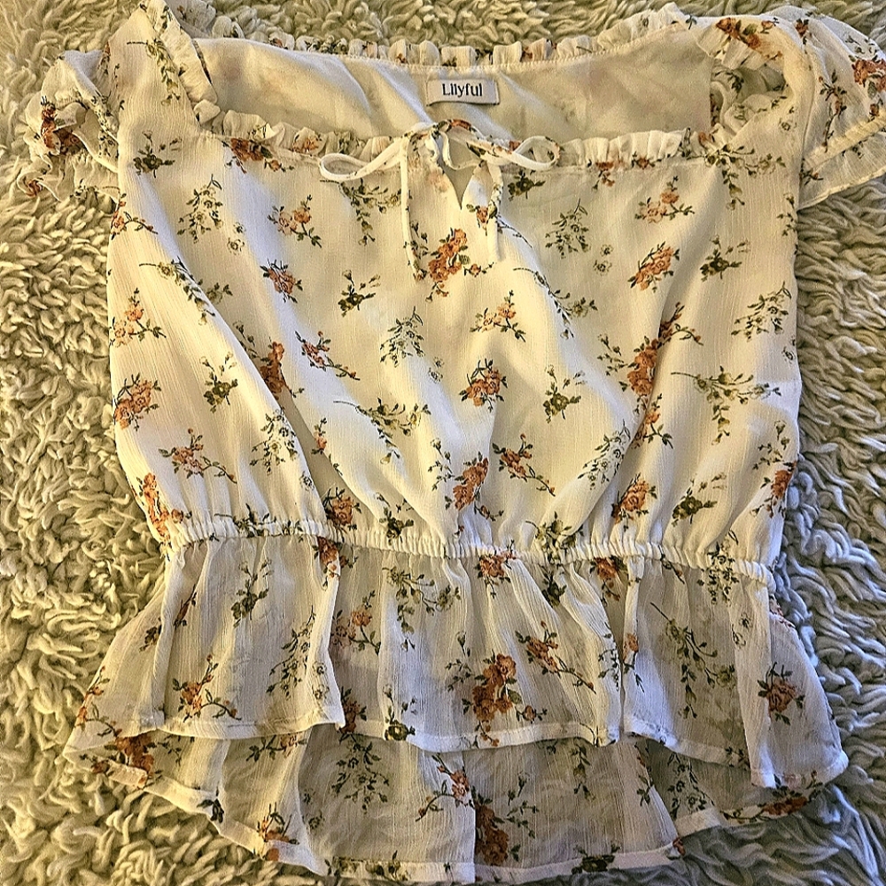 LILYFUL Beautiful Floral Sheer White Summer Blouse - Size Medium